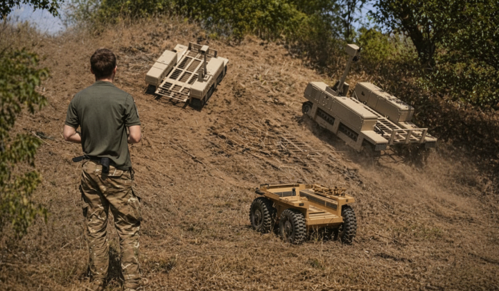 Robot warrior attacking Russian position