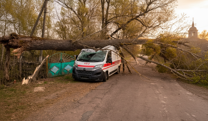 Дерево упало на скорую во время бури