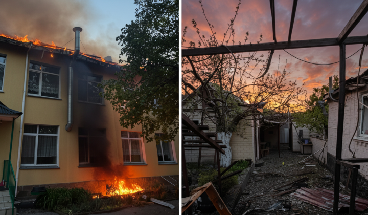 Damaged kindergarten and residential buildings