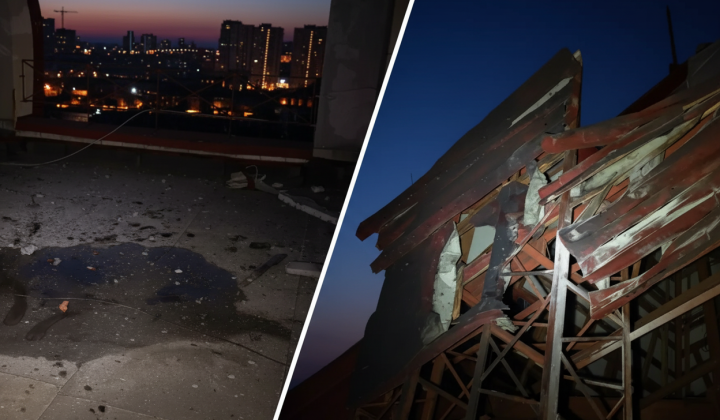 Drone debris on the roof of a 16-storey building in Kyiv