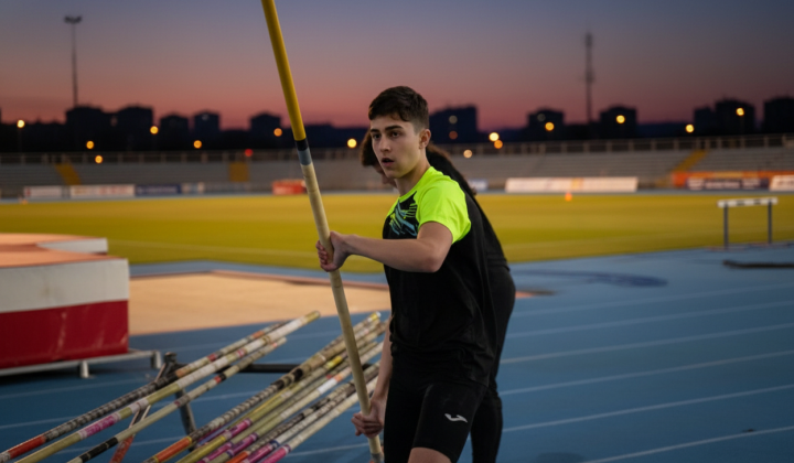 Спортсмен прыгает с шестом на рекордную высоту