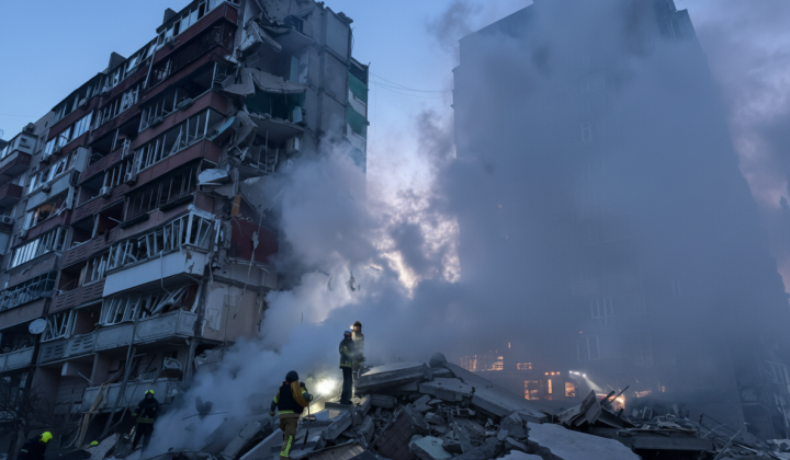 Russian drone destroyed entrance of nine-story building in Kiev