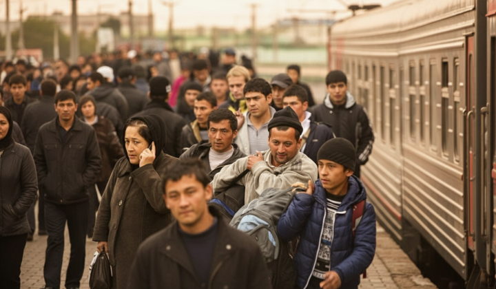 Graphic illustration with migrants in Ukraine