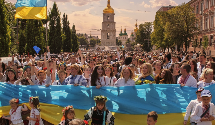 Ukrainians in embroidered shirts at the celebration