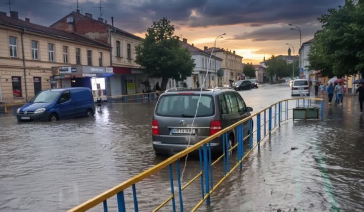 Затопленная улица в городе Винница после ливня
