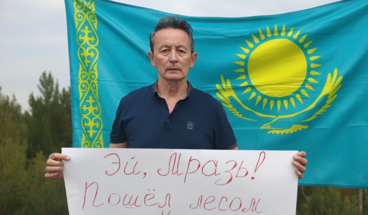 Activist with poster and Ukrainian flag