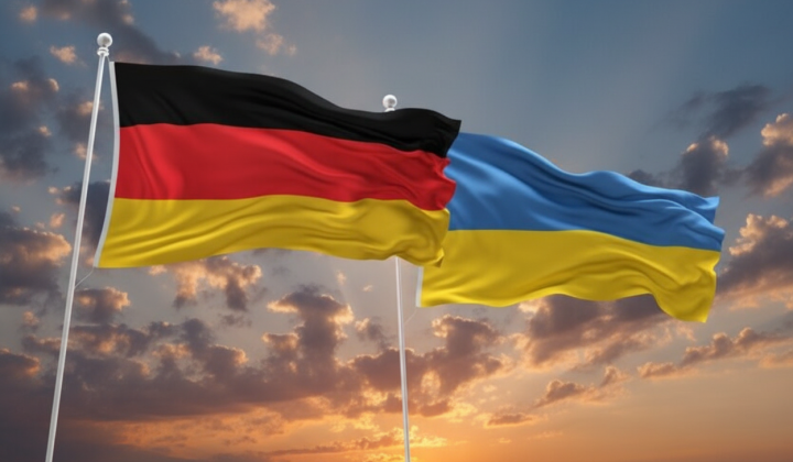 Логотип ЄС з прапорами Німеччини та України