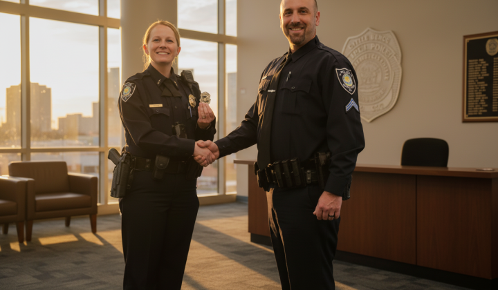 Detective pointing gun at colleague