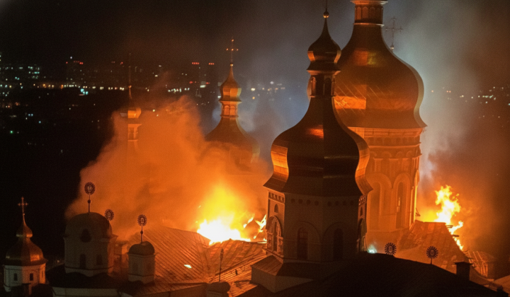 Пожар в соборе после ракетного удара