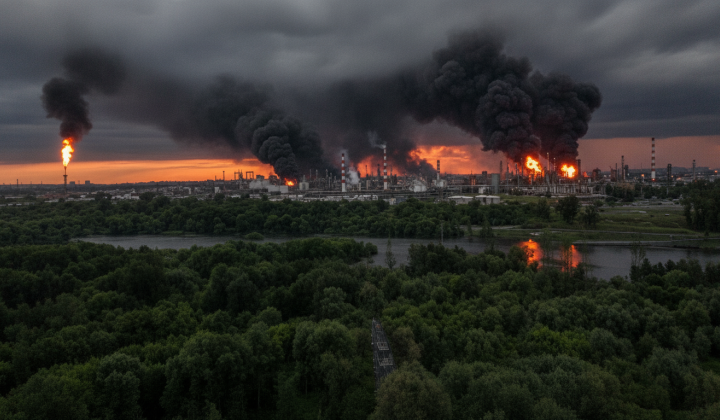 Уничтоженный нефтеперерабатывающий завод и мосты