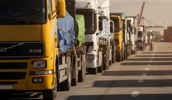 Many trucks on the road
