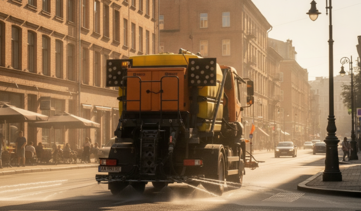 Road watering due to heat in Kyiv