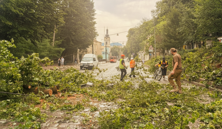 Gale force wind in Lviv: fallen trees and damaged office building