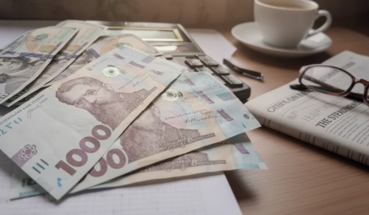 Грошові купюри на тлі прапорів