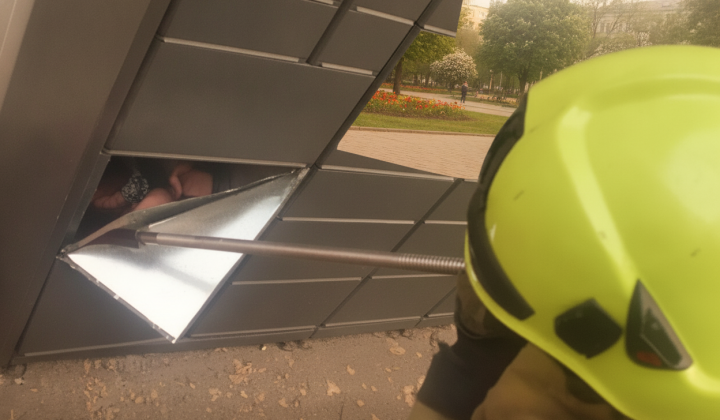 Rescuers freeing a girl from a parcel locker