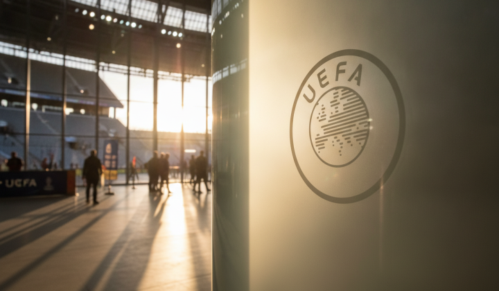 UEFA logo on the background of a banned Russian flag