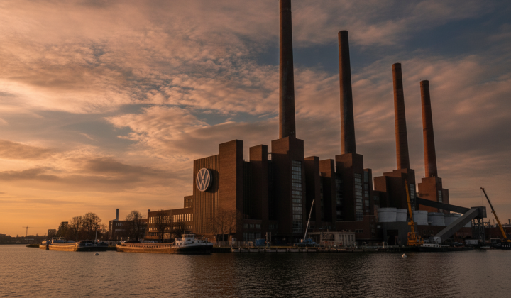Volkswagen logo against city backdrop