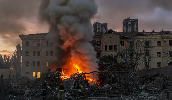 Destroyed entrance and injured people