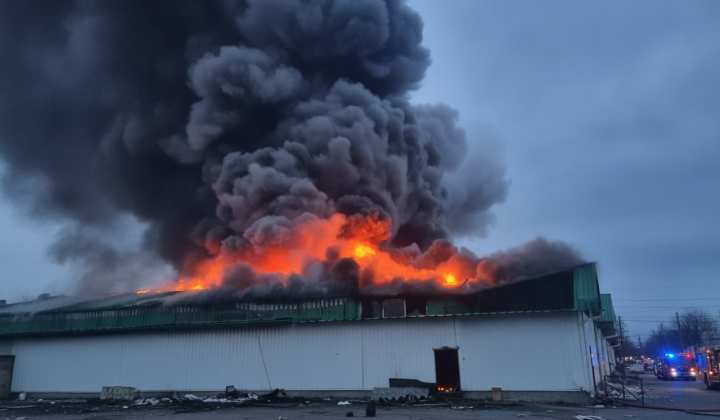 Fire in warehouse buildings in Manevychi