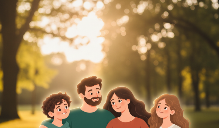 Children with parents at sunset