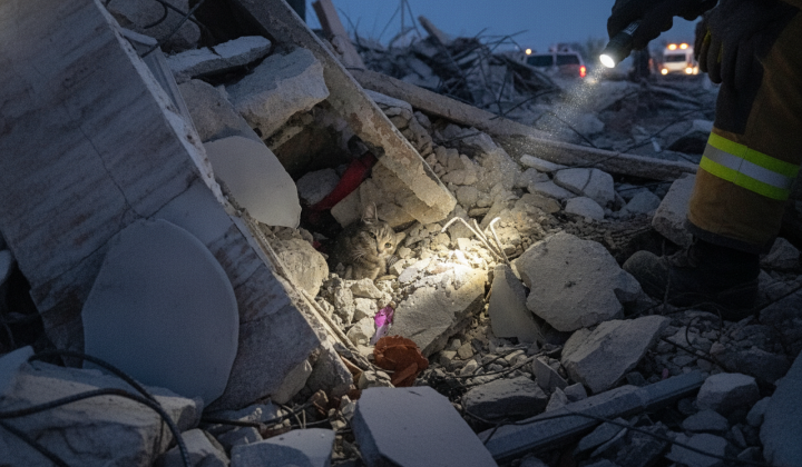 Cat found under debris after airstrike