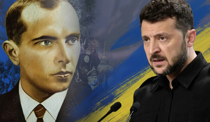 Портрет Бандери на фоні українського прапору