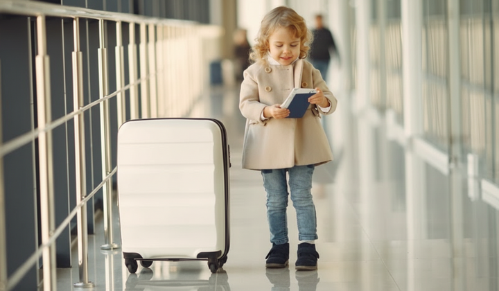 Child with a passport at the airport