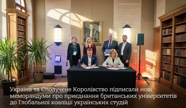 Логотипи України та Британії на фоні книг
