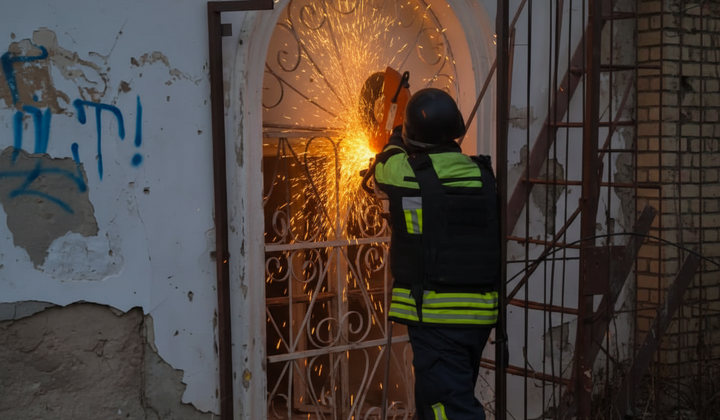 Спасатели выводят женщину из горящего здания