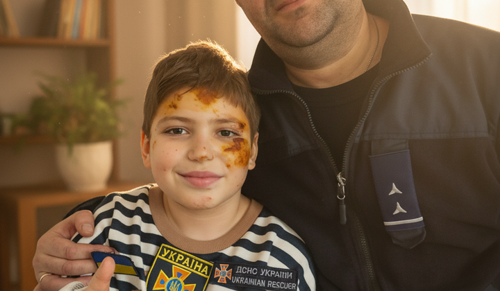 Boy in the arms of rescuers after the fall