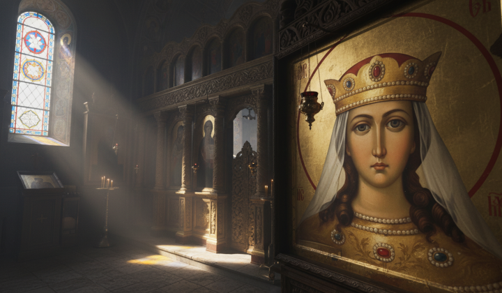 Портрет святої Варвари на тлі вічнозелених вінків