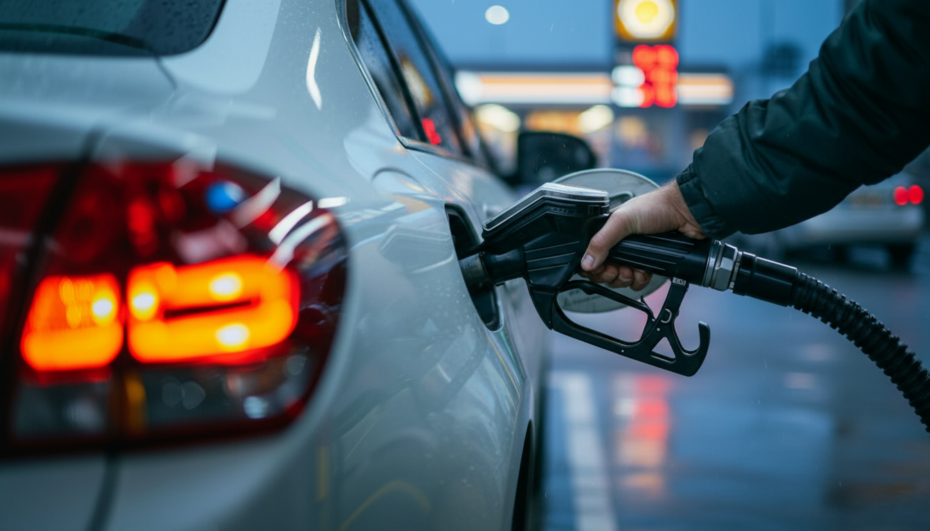 Водитель с телефоном у автозаправки