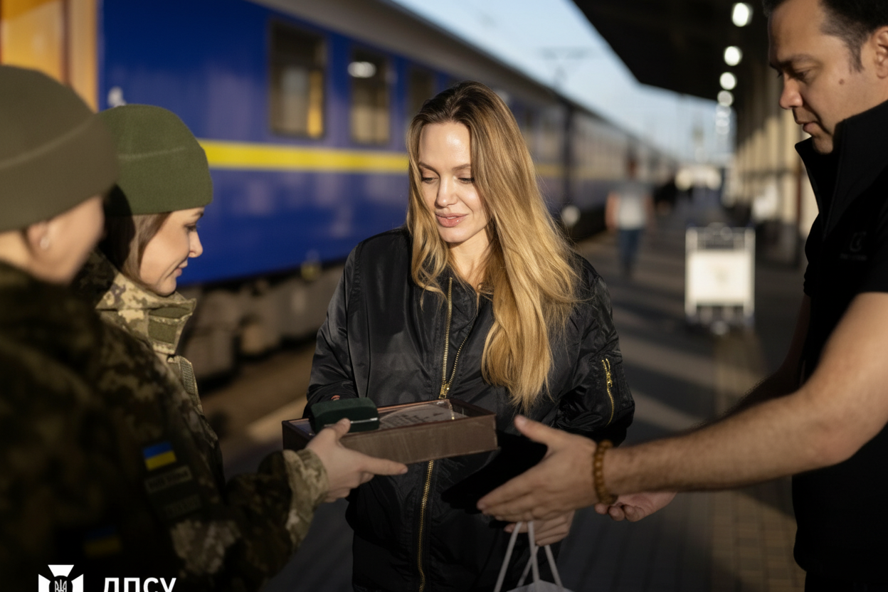 Пограничники вручают Анджелине Джоли подарок