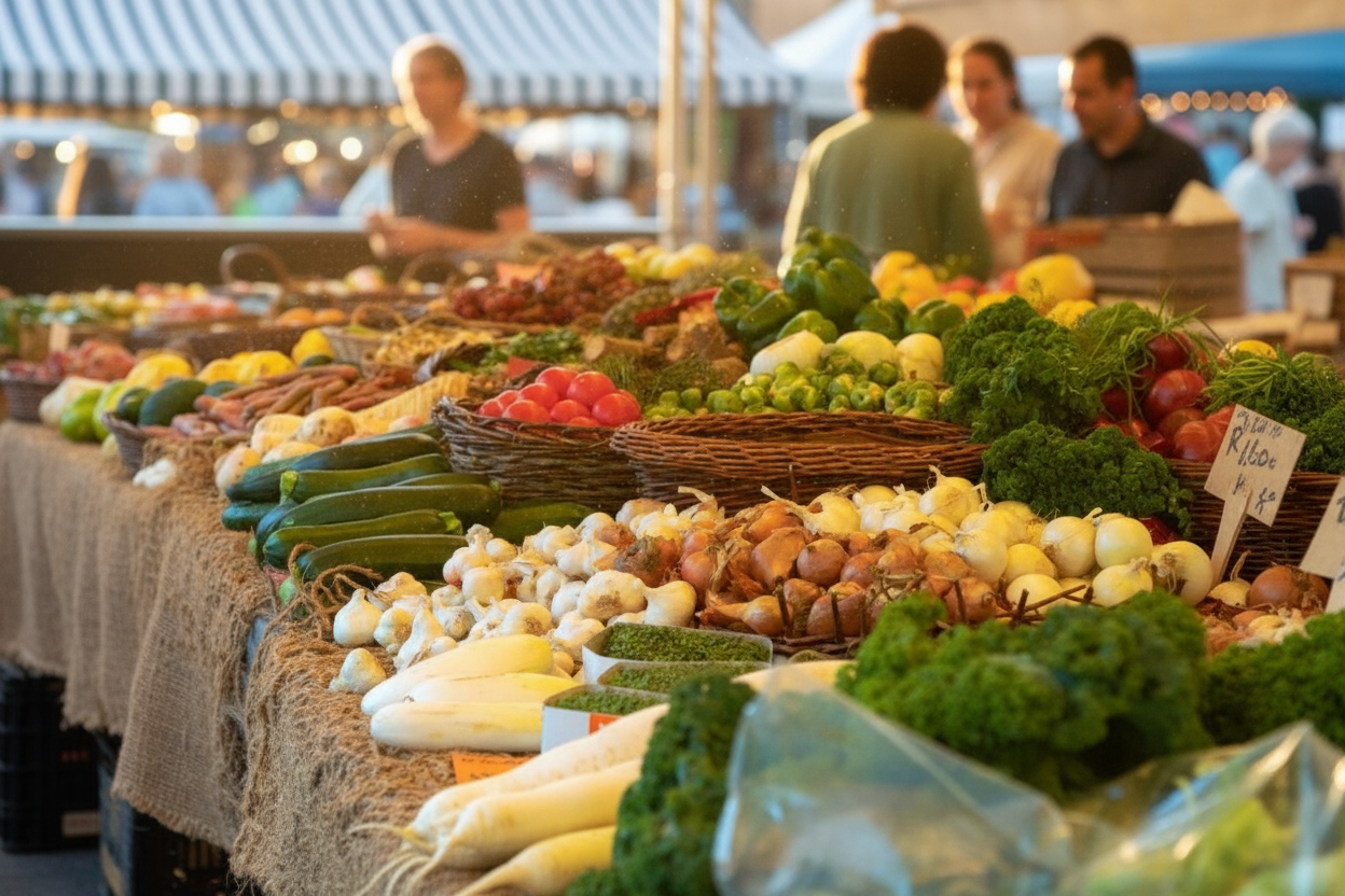 Картошка, лук и огурцы на рынке