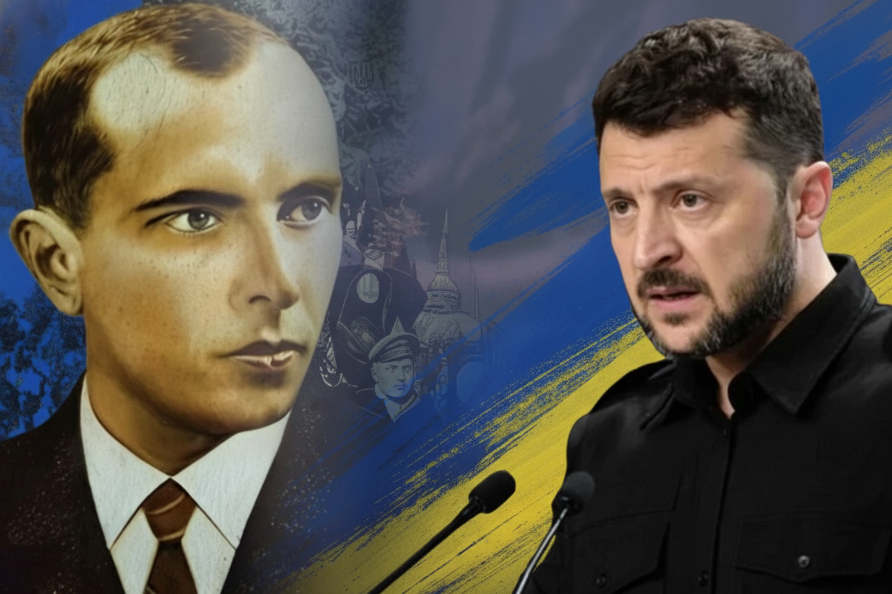 Портрет Бандеры на фоне украинского флага