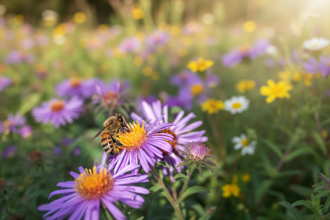 Бджола на полі з квітами