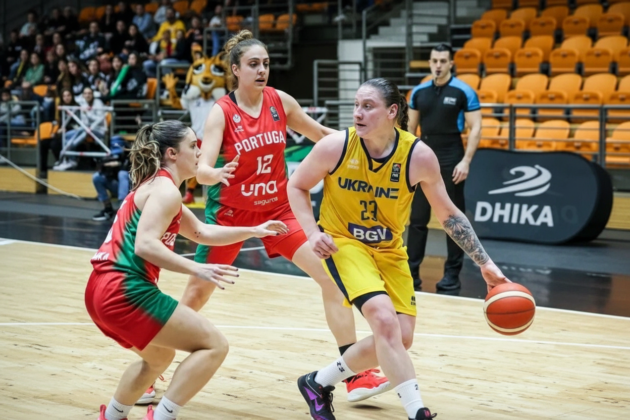 Девушка баскетболистка играет в матче