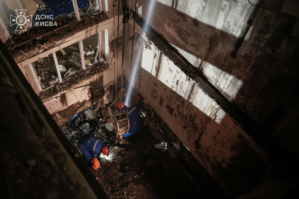 Наслідки обстрілу 9-поверхівки у Києві