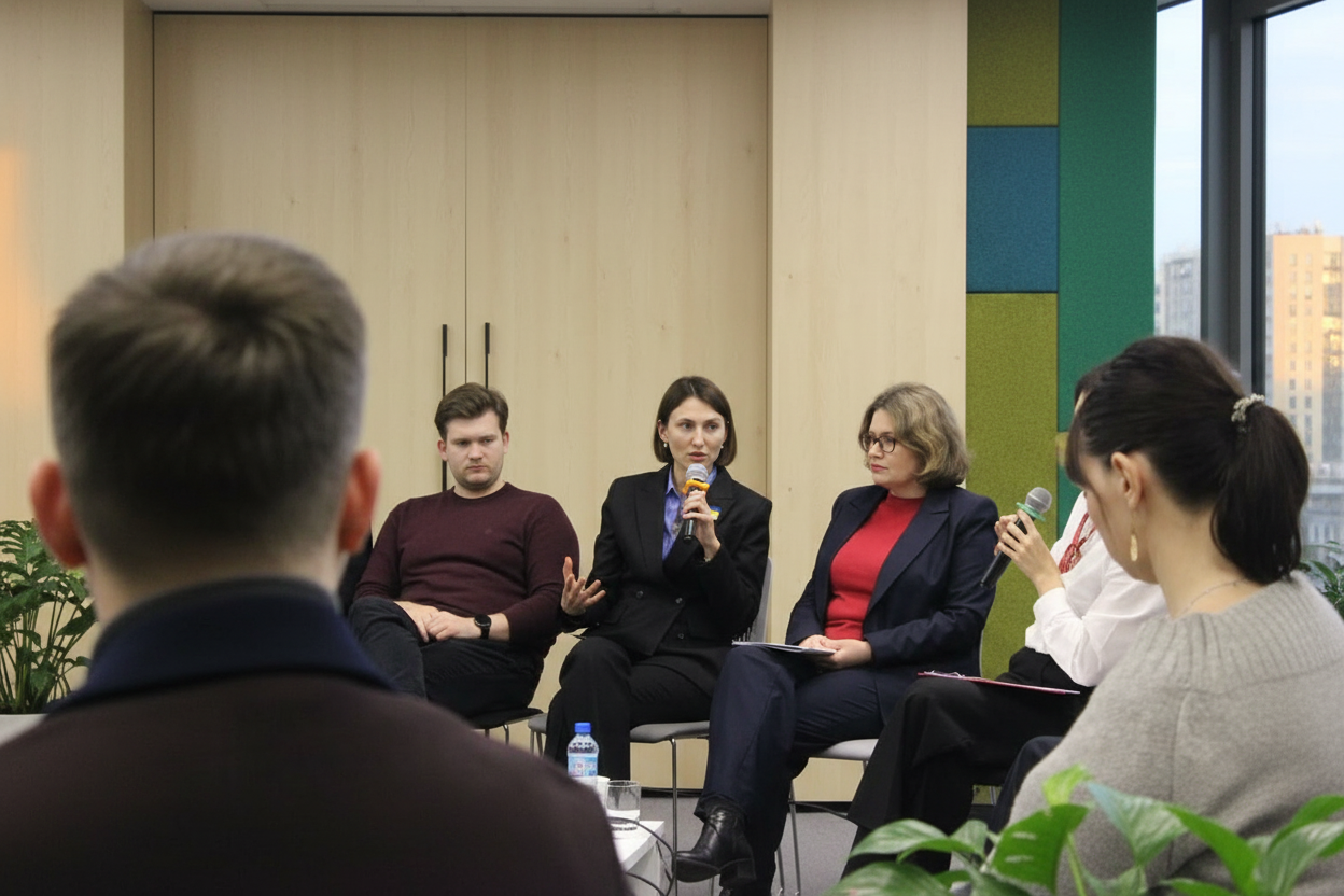 People sitting at tables in the center