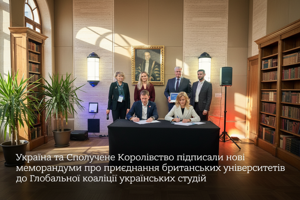 Логотипи України та Британії на фоні книг