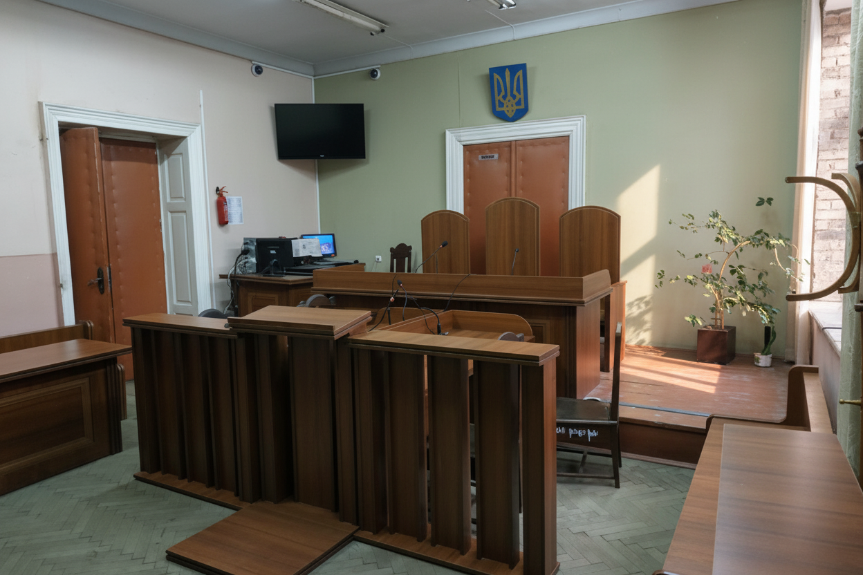 Жінка з суддям на тлі російського прапору