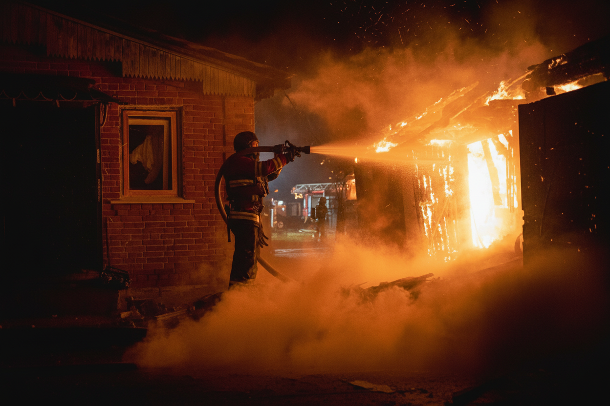 Ліквідація пожежі після обстрілу у Сумах