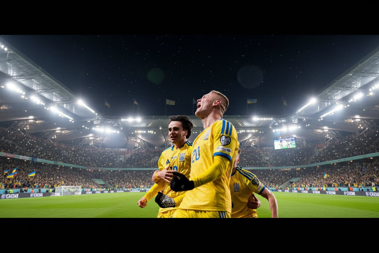 Флаг Украины на фоне футбольного поля