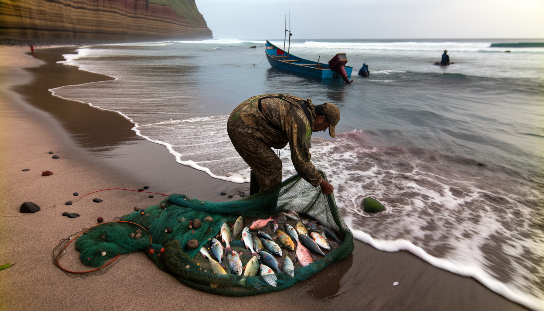 Рибалка з вудкою та уловом
